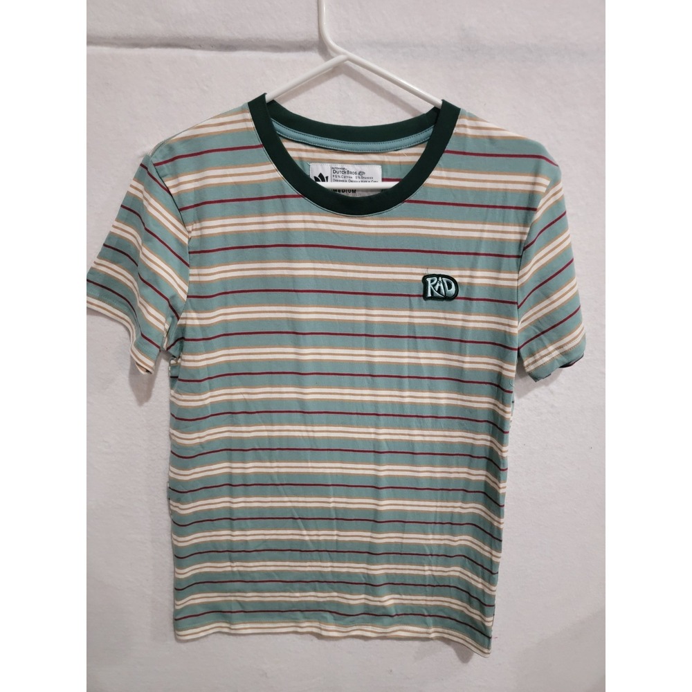 Dutch Bros Coffee "Rad" Striped‎ Tee Shirt Sz Medium Embroidered Patch